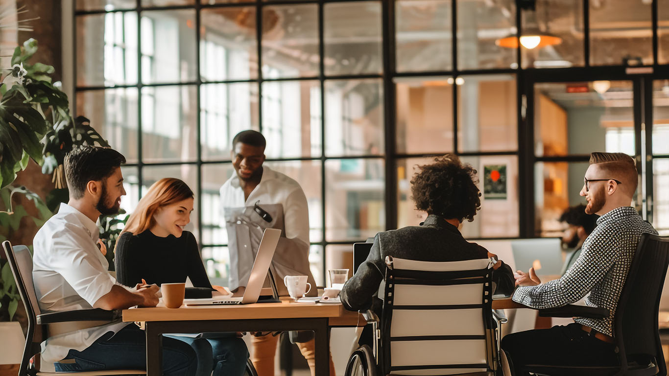 A professional team discussing operations around laptops in a bright workspace